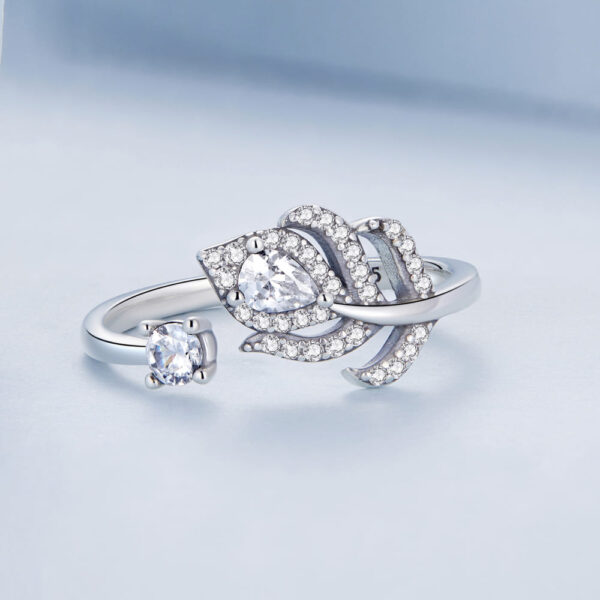 Solid 925 Signature Silver Crystal Feather Open Cut Ring - Image 3