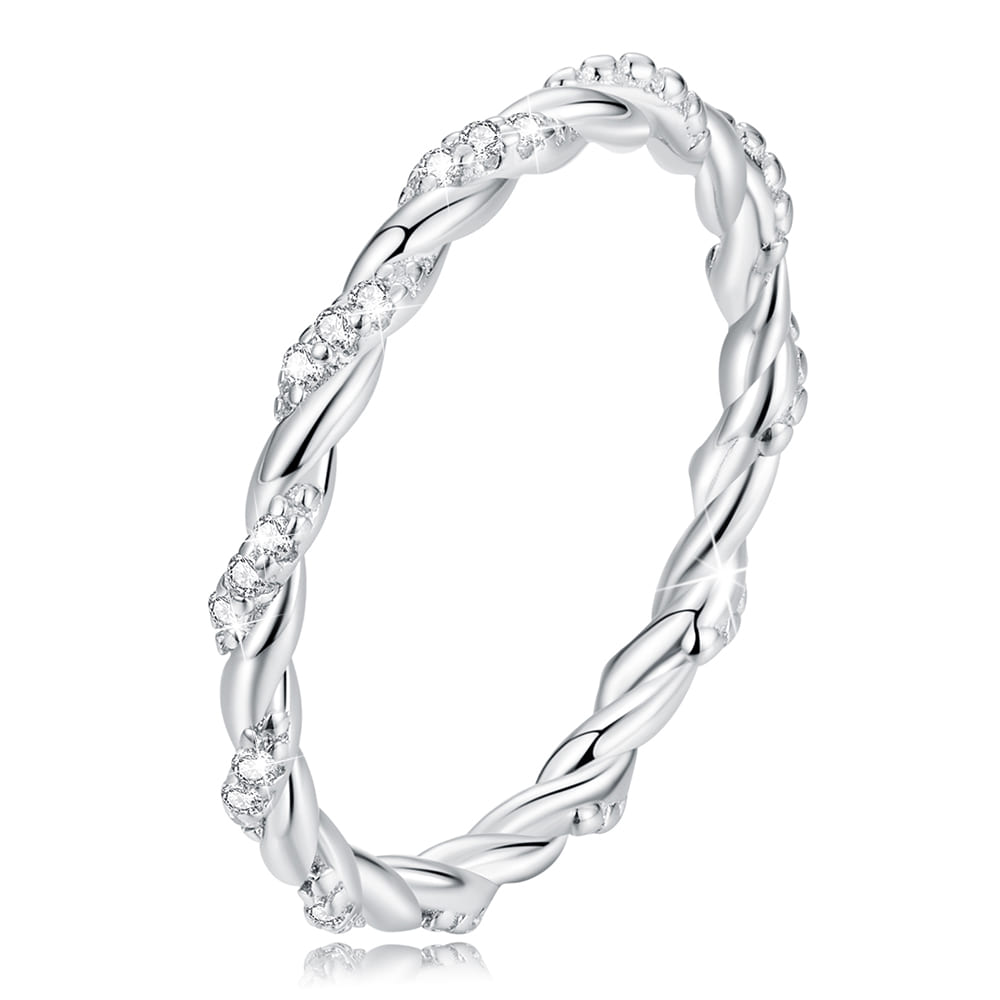 Solid 925 Signature Silver Twisted Crystal String Ring
