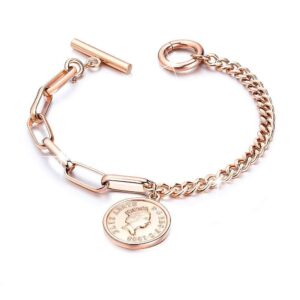 Lucky Coin Charm Toggle Clasp Bracelet in Rose Gold Layered Steel Jewellery