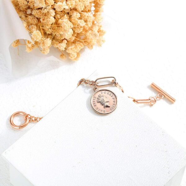 Lucky Coin Charm Toggle Clasp Bracelet in Rose Gold Layered Steel Jewellery - Image 2