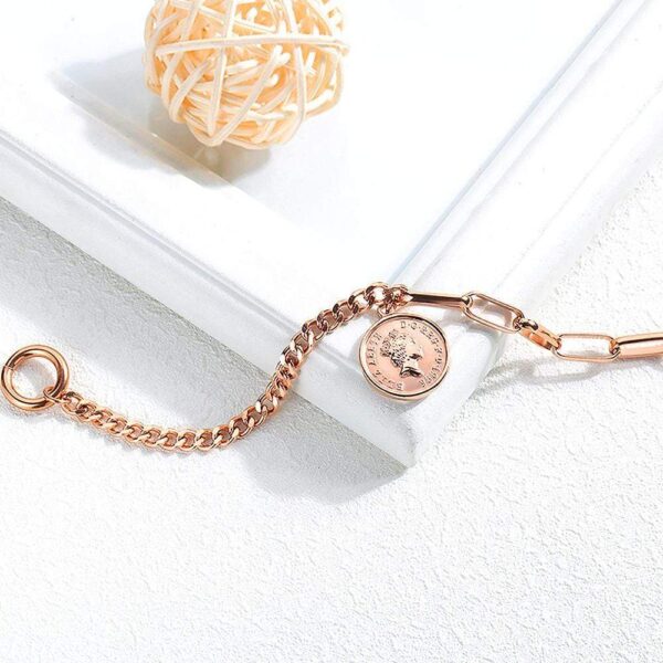 Lucky Coin Charm Toggle Clasp Bracelet in Rose Gold Layered Steel Jewellery - Image 3