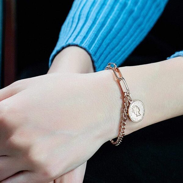 Lucky Coin Charm Toggle Clasp Bracelet in Rose Gold Layered Steel Jewellery - Image 4