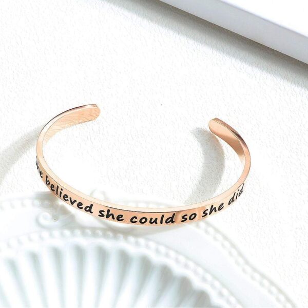 Inspirational Inscription Cuff Bangle in Rose Gold Layered Steel Jewellery - Image 5