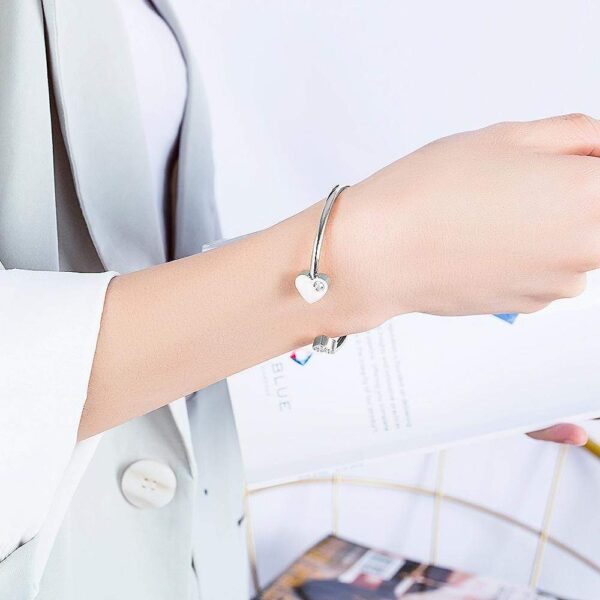 Heart Love Open Cuff Bangle in White Gold Layered Steel Jewellery - Image 3