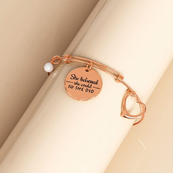 She Believed She Could Heart Charm Rose Gold Layered Tubular Adjustable Inspirational Bangle - Image 3