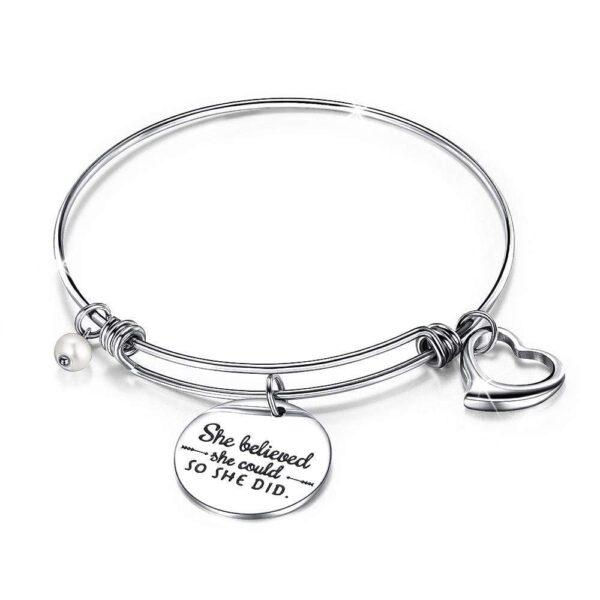 She Believed She Could Heart Charm White Gold Layered Tubular Adjustable Inspirational Bangle