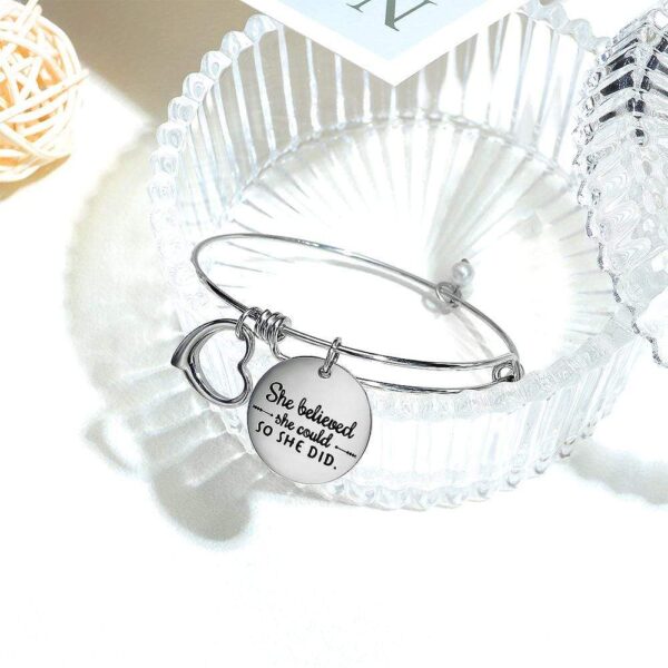 She Believed She Could Heart Charm White Gold Layered Tubular Adjustable Inspirational Bangle - Image 4