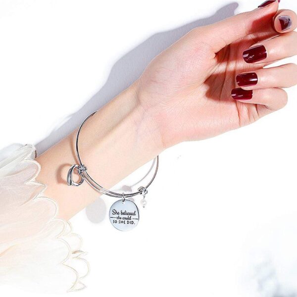 She Believed She Could Heart Charm White Gold Layered Tubular Adjustable Inspirational Bangle - Image 5