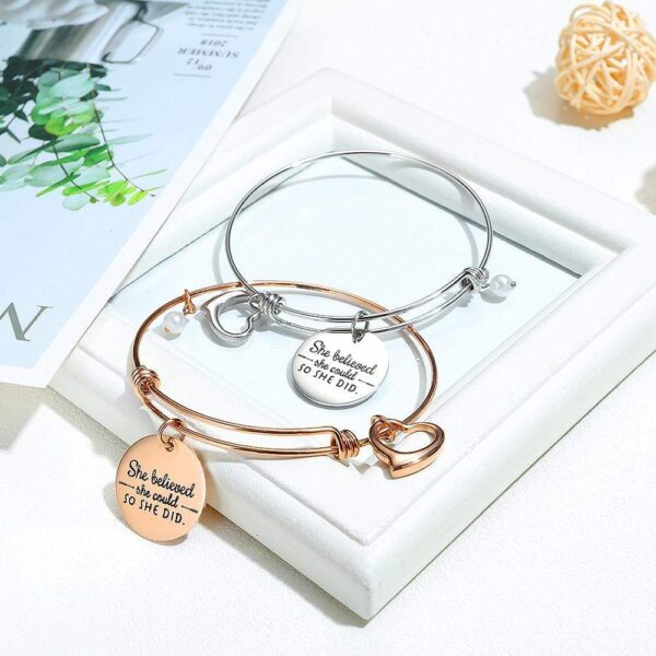 She Believed She Could Heart Charm White Gold Layered Tubular Adjustable Inspirational Bangle - Image 6
