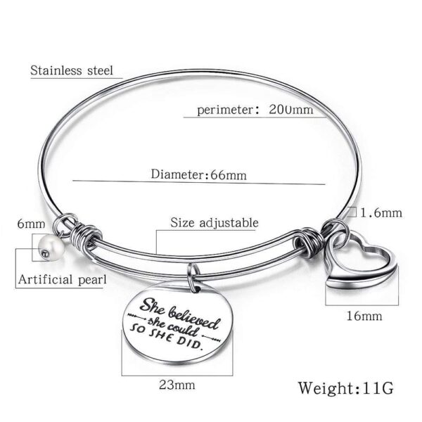 She Believed She Could Heart Charm White Gold Layered Tubular Adjustable Inspirational Bangle - Image 7