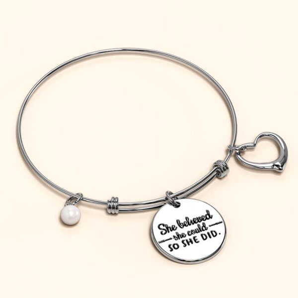 She Believed She Could Heart Charm White Gold Layered Tubular Adjustable Inspirational Bangle - Image 2