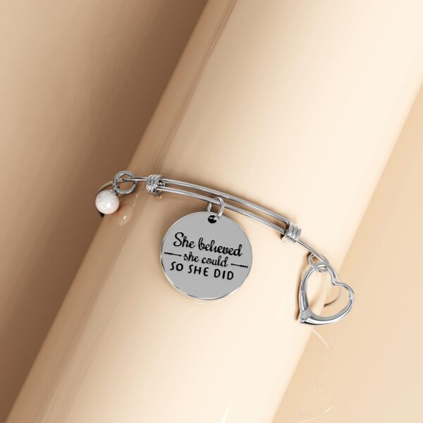 She Believed She Could Heart Charm White Gold Layered Tubular Adjustable Inspirational Bangle - Image 3