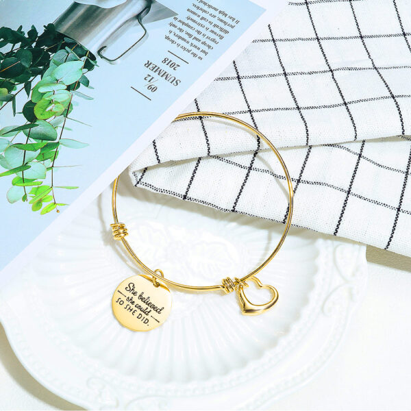 She Believed She Could Heart Charm Gold Layered Tubular Adjustable Inspirational Bangle - Image 4
