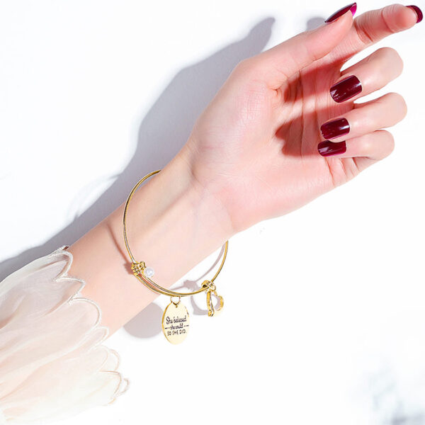 She Believed She Could Heart Charm Gold Layered Tubular Adjustable Inspirational Bangle - Image 5