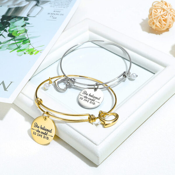 She Believed She Could Heart Charm Gold Layered Tubular Adjustable Inspirational Bangle - Image 6