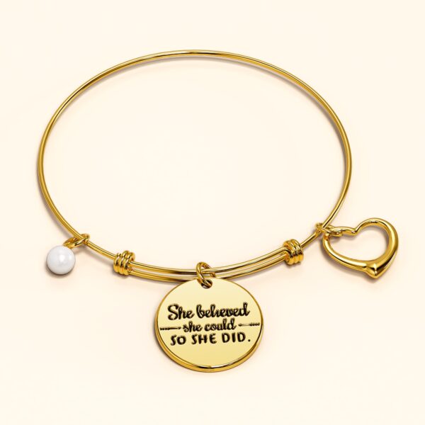 She Believed She Could Heart Charm Gold Layered Tubular Adjustable Inspirational Bangle - Image 2