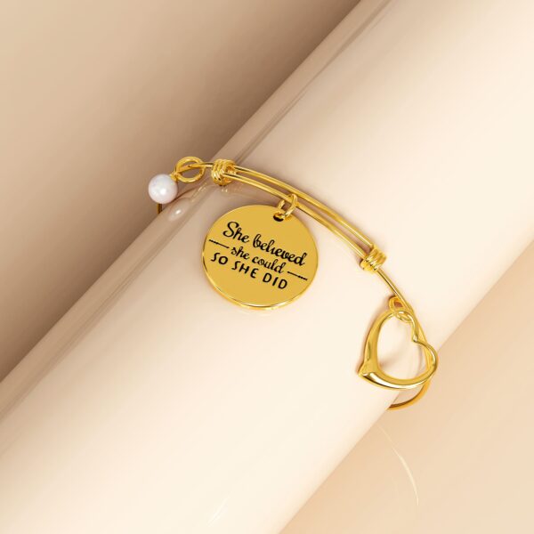 She Believed She Could Heart Charm Gold Layered Tubular Adjustable Inspirational Bangle - Image 3