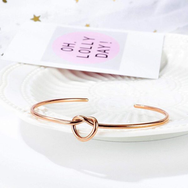 Single Knotted Tie Promise Open Cuff Bangle in Rose Gold Layered Steel Jewellery - Image 2