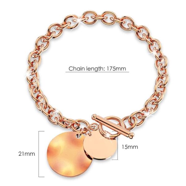 Hammered Disc Charm Belcher T-Bar Toggle Bracelet in Rose Gold Layered Steel Jewellery - Image 5