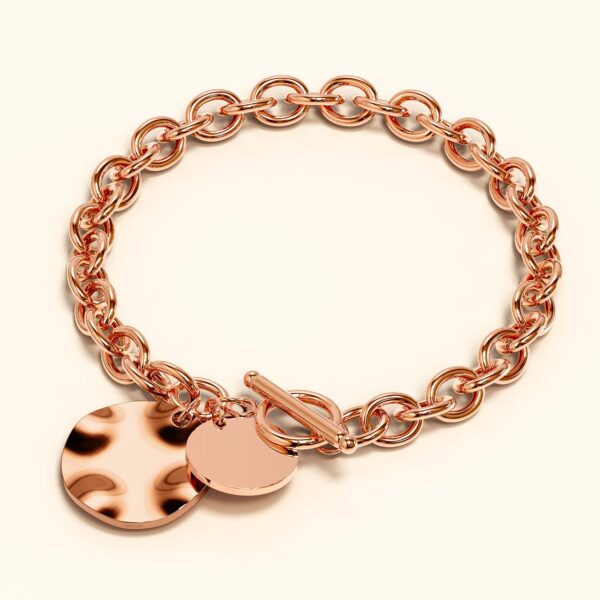 Hammered Disc Charm Belcher T-Bar Toggle Bracelet in Rose Gold Layered Steel Jewellery - Image 2