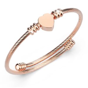 Heart Motif Charmed Stretched Spiral Coil Bangle Rose Gold Layered