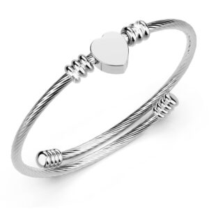 Heart Motif Charmed Stretched Spiral Coil Bangle White Gold Layered