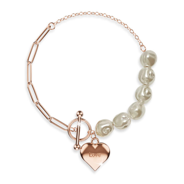 Pearl Paper Clip Chain Heart Rose Gold Layered Stainless Steel Bracelet