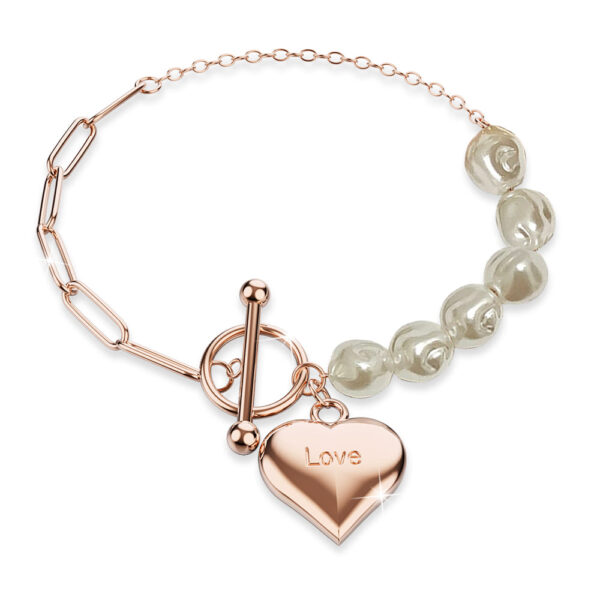 Pearl Paper Clip Chain Heart Rose Gold Layered Stainless Steel Bracelet - Image 2