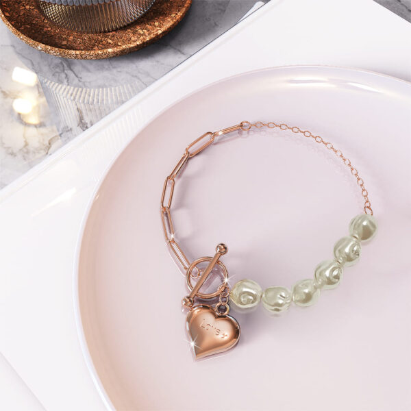 Pearl Paper Clip Chain Heart Rose Gold Layered Stainless Steel Bracelet - Image 4