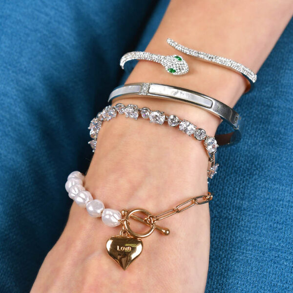 Pearl Paper Clip Chain Heart Rose Gold Layered Stainless Steel Bracelet - Image 5