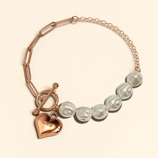 Pearl Paper Clip Chain Heart Rose Gold Layered Stainless Steel Bracelet - Image 3