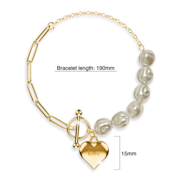 Pearl Paper Clip Chain Heart Gold Layered Stainless Steel Bracelet - Image 11