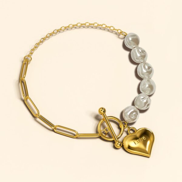 Pearl Paper Clip Chain Heart Gold Layered Stainless Steel Bracelet - Image 3
