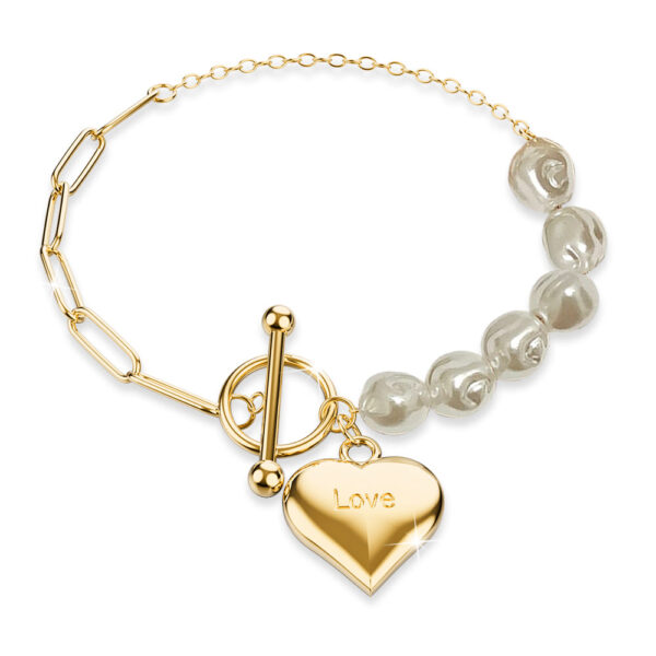 Pearl Paper Clip Chain Heart Gold Layered Stainless Steel Bracelet - Image 2