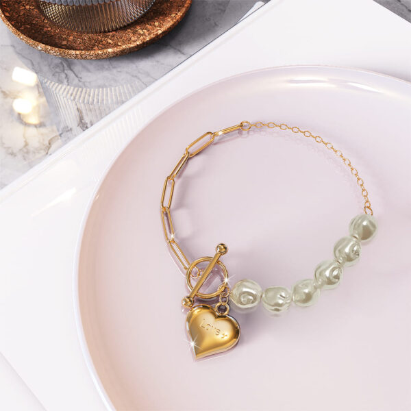 Pearl Paper Clip Chain Heart Gold Layered Stainless Steel Bracelet - Image 4