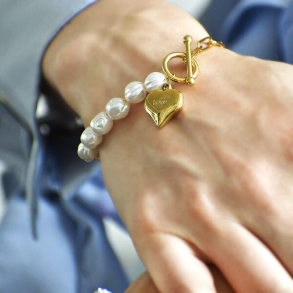 Pearl Paper Clip Chain Heart Gold Layered Stainless Steel Bracelet - Image 5