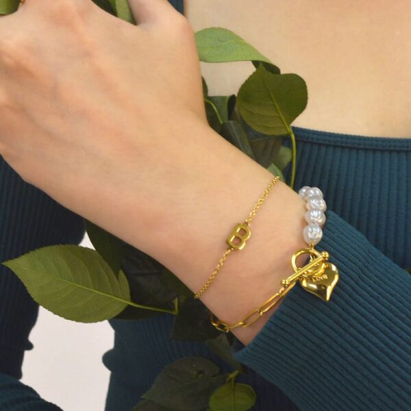 Pearl Paper Clip Chain Heart Gold Layered Stainless Steel Bracelet - Image 10