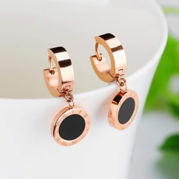 Roman Numeral Round Drop Earrings - Image 2