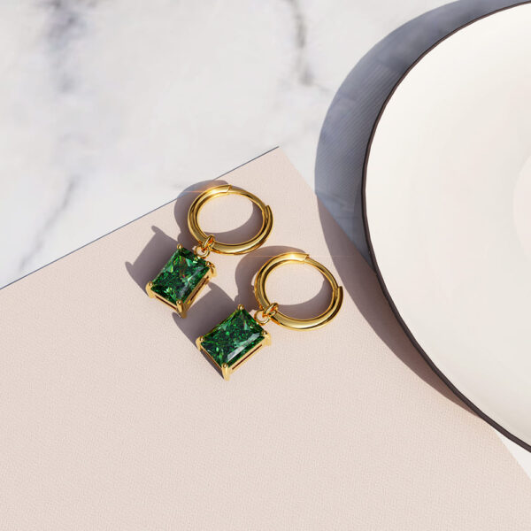 Faye Emerald Green Rectangular Drop Pendant Hoop Earrings - Image 2