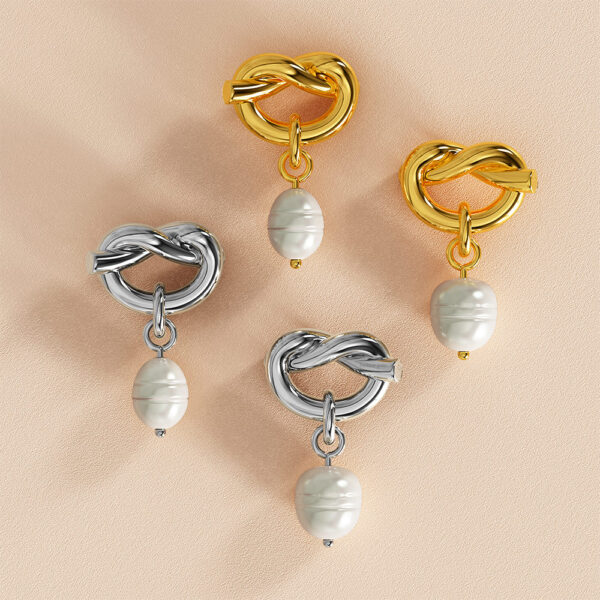 Forever Knot White Gold Layered Pearl Earrings - Image 3