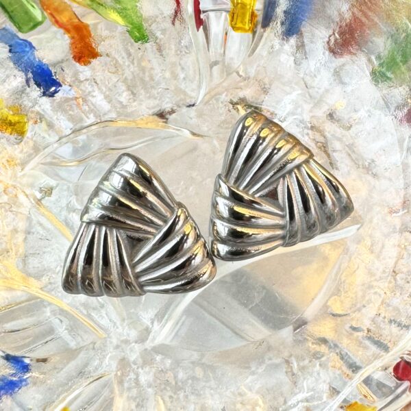 Ridged Triangle White Gold layered Stud Earrings - Image 2