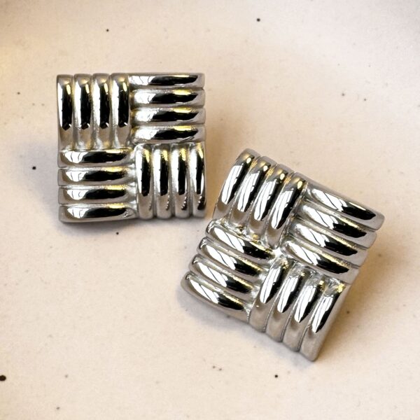 Ridged Square White Gold layered Stud Earrings - Image 2