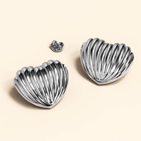 Ridged Heart White Gold layered Stud Earrings - Image 2