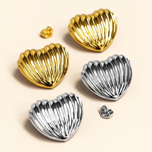 Ridged Heart White Gold layered Stud Earrings - Image 5