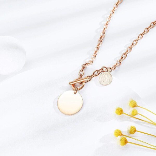 Round Pendant Toggle Clasp Necklace in Rose Gold Layered Steel Jewellery - Image 2