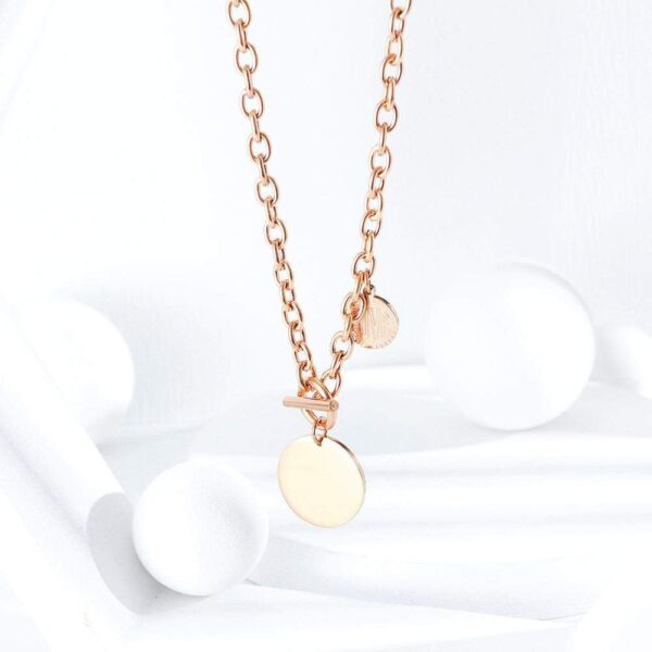 Round Pendant Toggle Clasp Necklace in Rose Gold Layered Steel Jewellery - Image 3