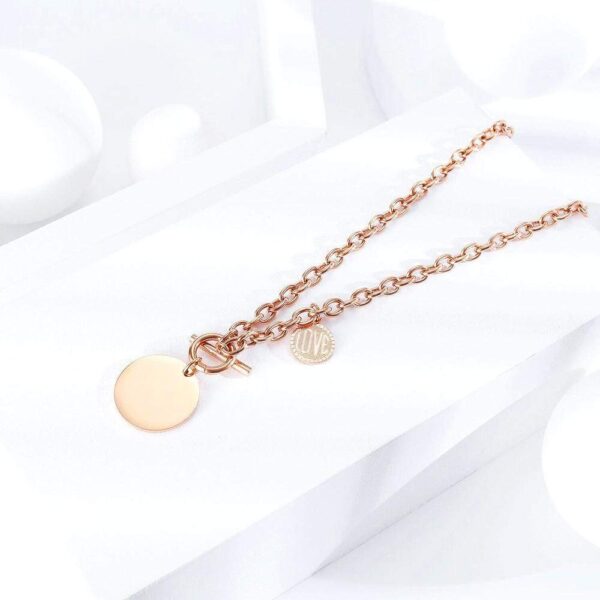 Round Pendant Toggle Clasp Necklace in Rose Gold Layered Steel Jewellery - Image 4