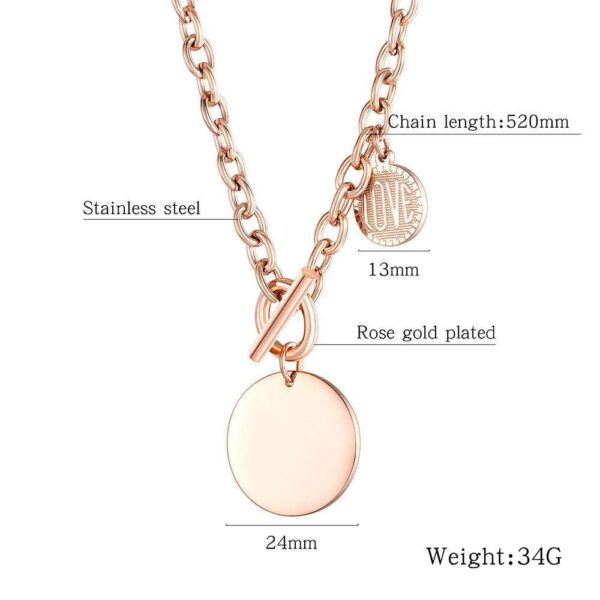 Round Pendant Toggle Clasp Necklace in Rose Gold Layered Steel Jewellery - Image 6