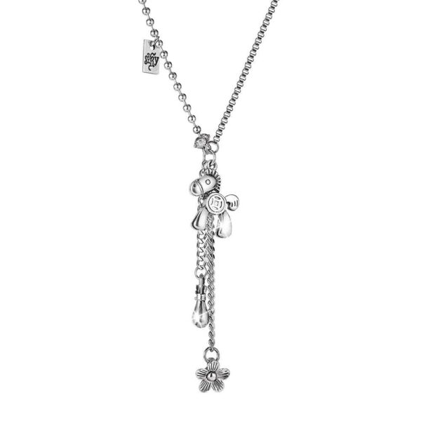 Petite Pony and Flower Long Chain Necklace in White Gold