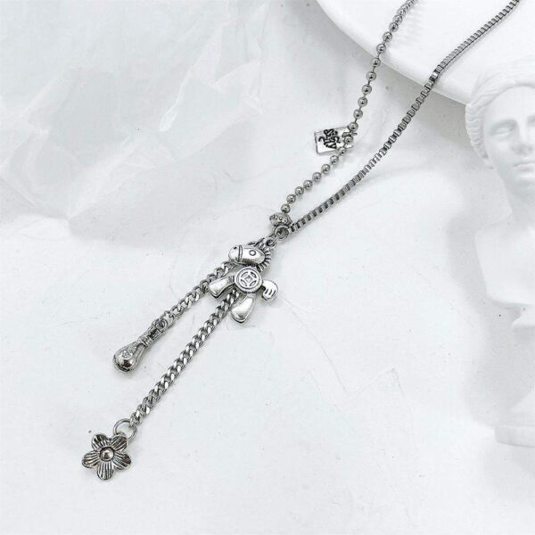 Petite Pony and Flower Long Chain Necklace in White Gold - Image 2